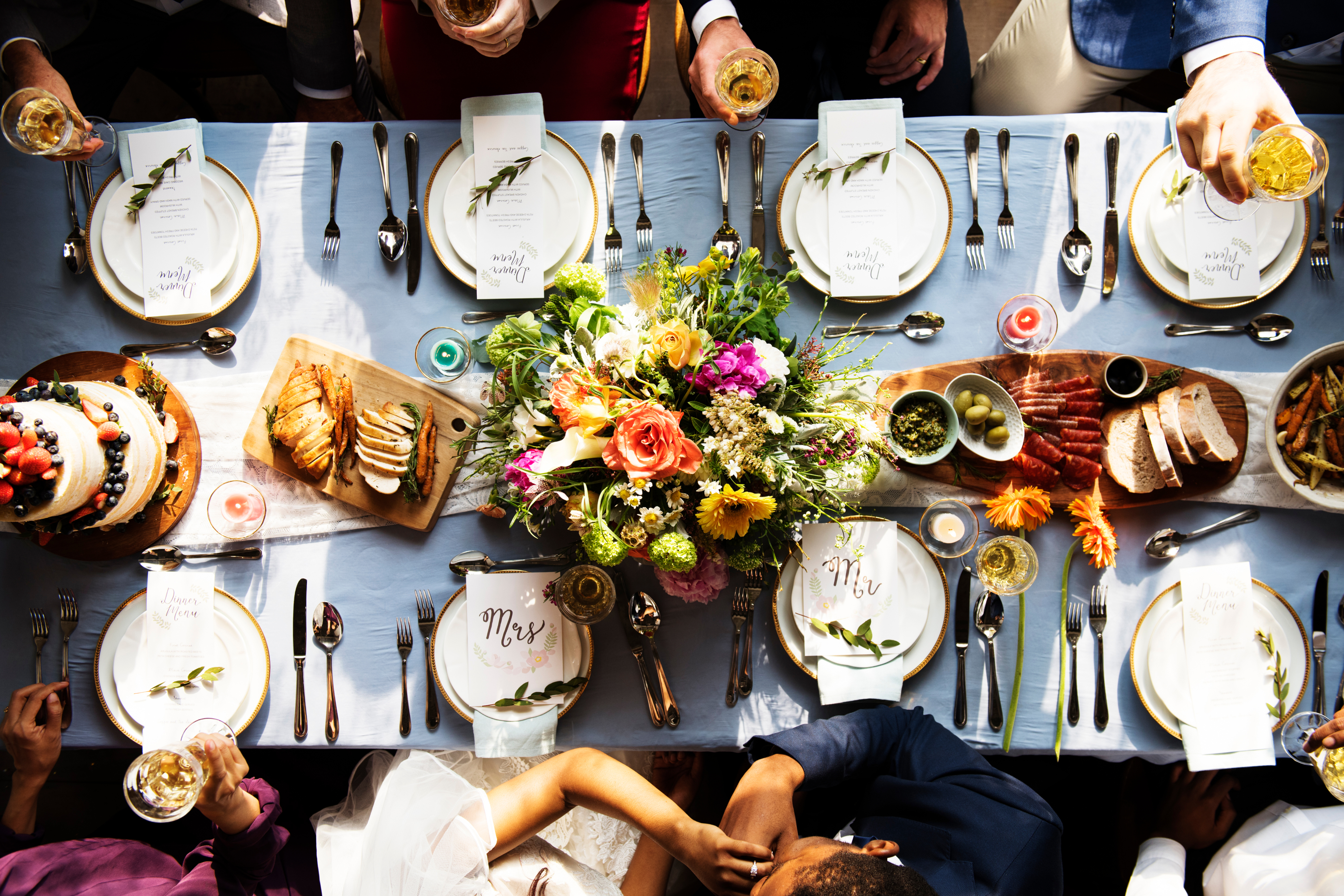 Elegant wedding reception table setting with beautiful florals